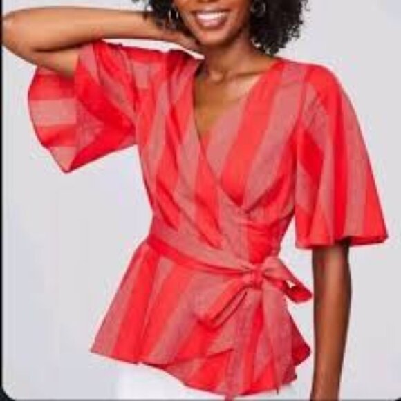 Loft Striped Flutter Sleeve True Wrap Blouse Side Tie - Picture 11 of 11